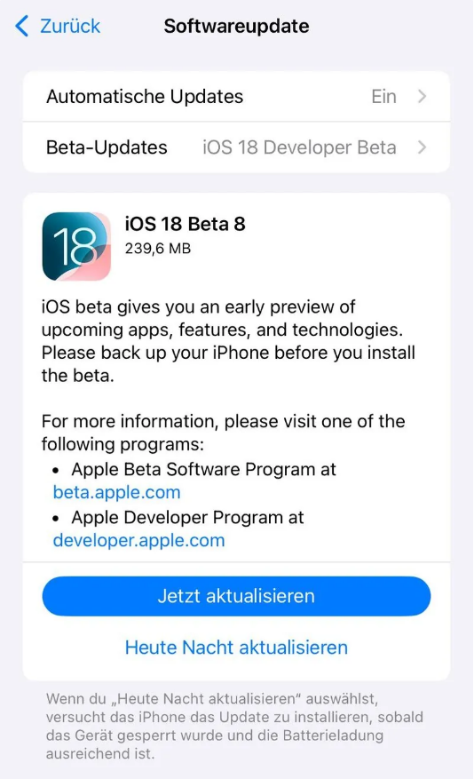 日喀则苹果手机维修分享苹果 iOS / iPadOS 18 开发者预览版 Beta 8 发布 